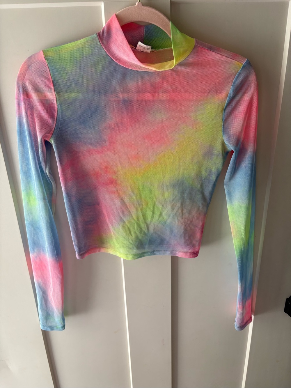 Marci Pink Lime Fizz Ombre Sheer Y2K Long Sleeve Cropped Magic Mesh Top Small